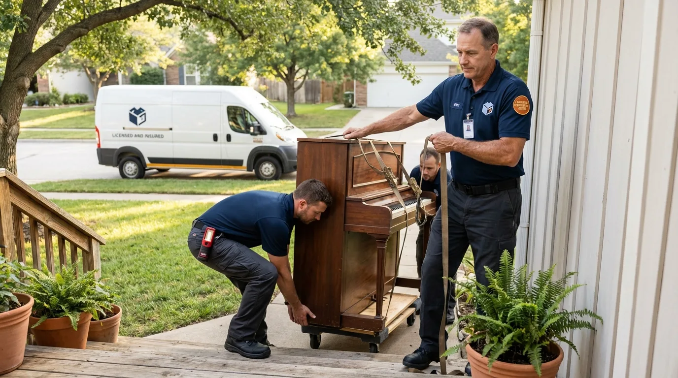 Licensed piano movers securing grand piano in Manchester, GA