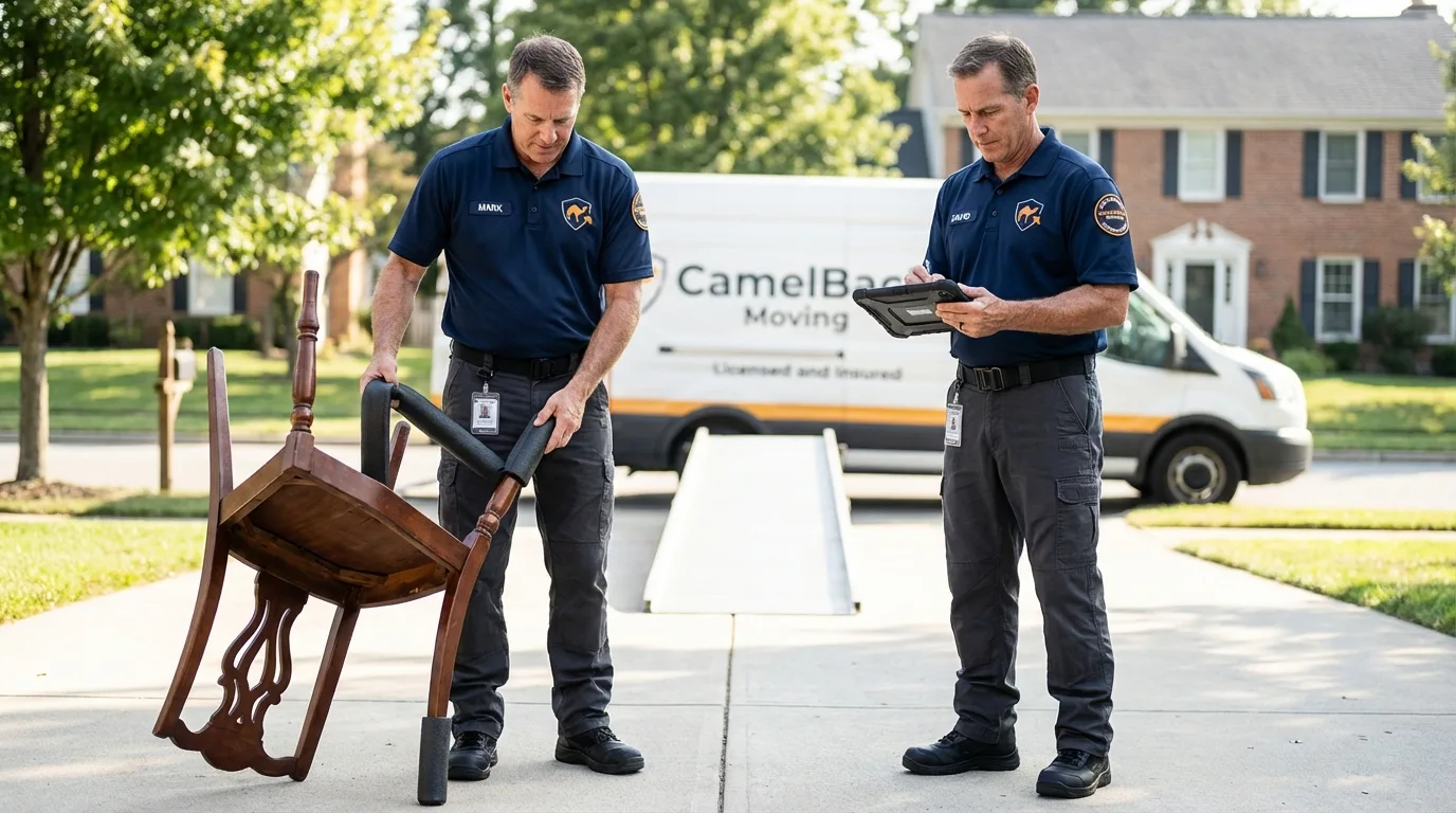 Movers inspecting furniture for damage prevention before loading in Manchester, GA